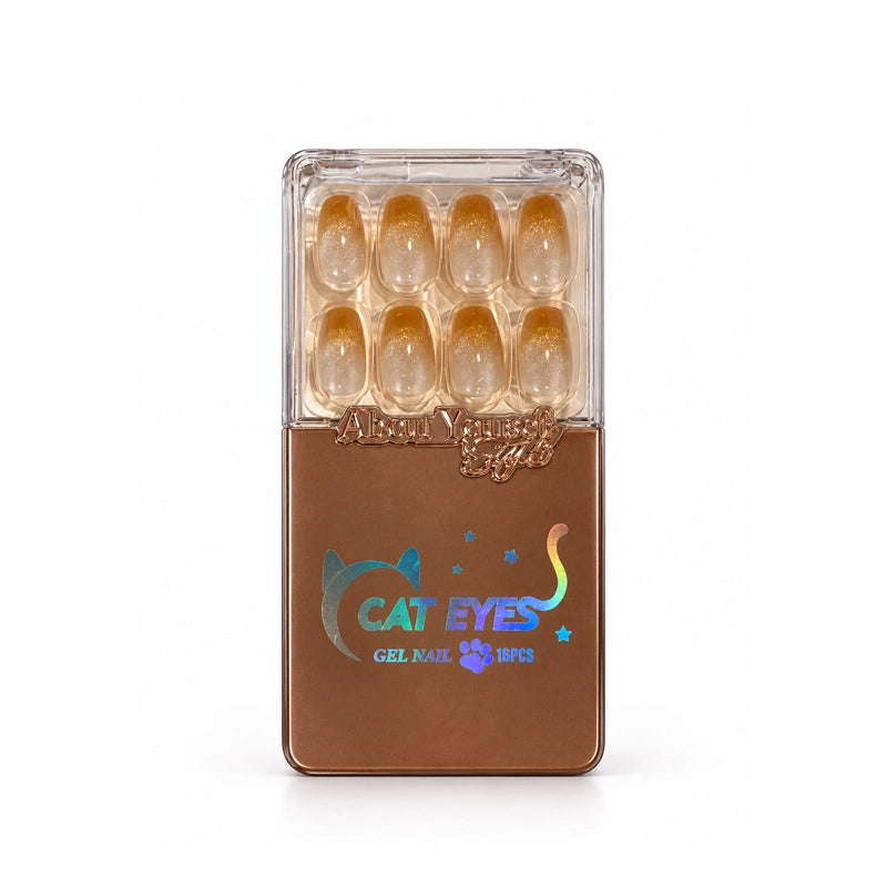 NAIL CAT EYES OMBRE NUDE GOLD GLITTER TIP 15PCS