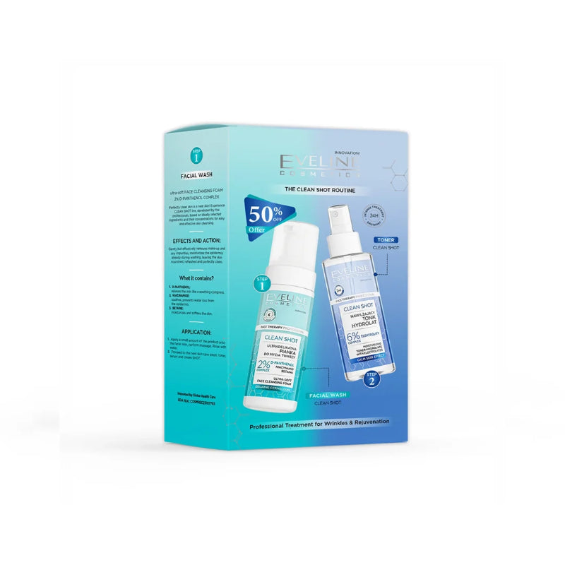 PROMO PACK EVELINE CLEAN SHOT TONER + ULTRA SOFT FACE CLEANSING FOAM
