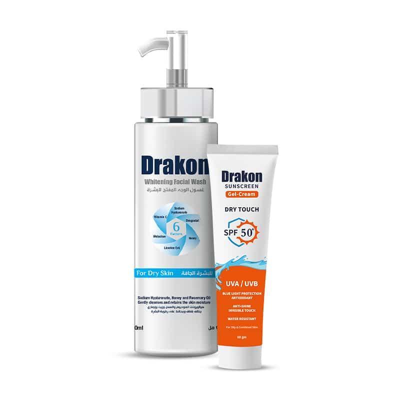 Drakon® Whitening Facial Cleanser Pump For Dry Skin &amp; Sunscreen Gel Dry Touch SPF 50+