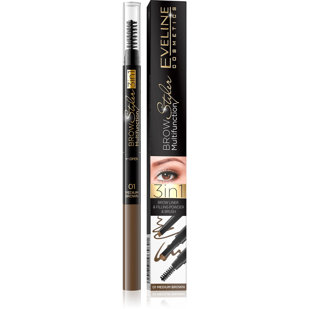 Eveline Cosmetics Brow Styler Multifunction 3 in 1 - Brow Liner - medium brown 01 - Cosmoshop - description