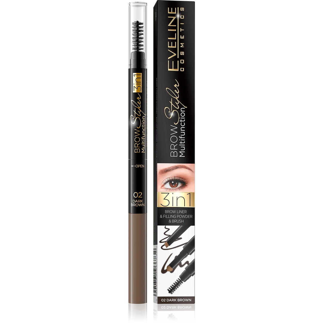 Eveline Cosmetics Brow Styler Multifunction 3 in 1 - Filling Powder - dark brown 02 - Cosmoshop - description