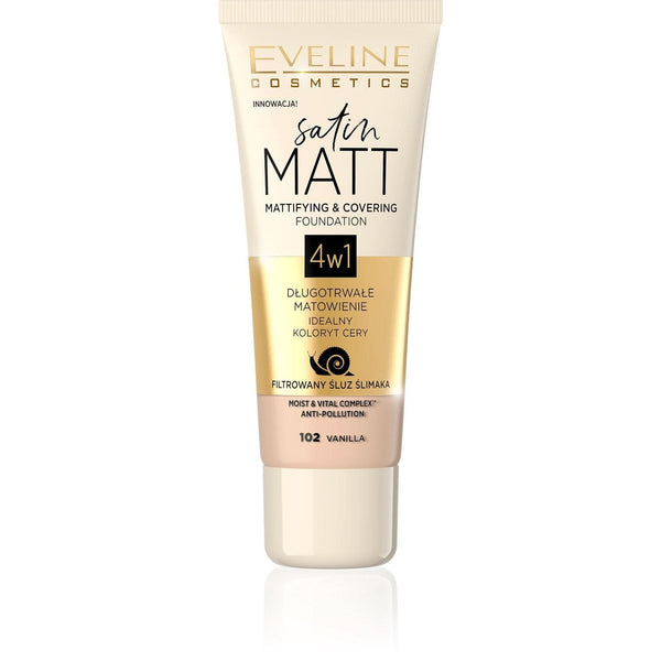 EVELINE COSMETICS SATIN MATT MATTIFYING & COVERING FOUNDATION 102 Vanilla - Cosmoshop - description
